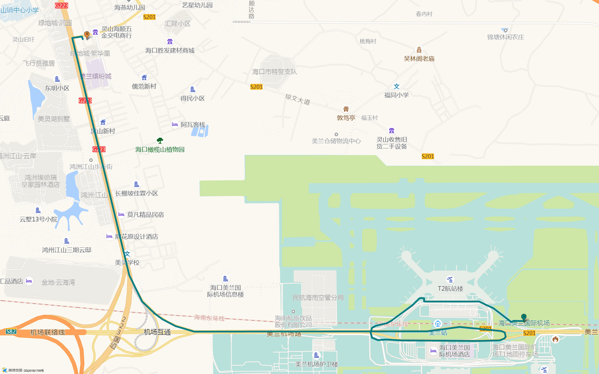 机场 → 海口酒店路线图