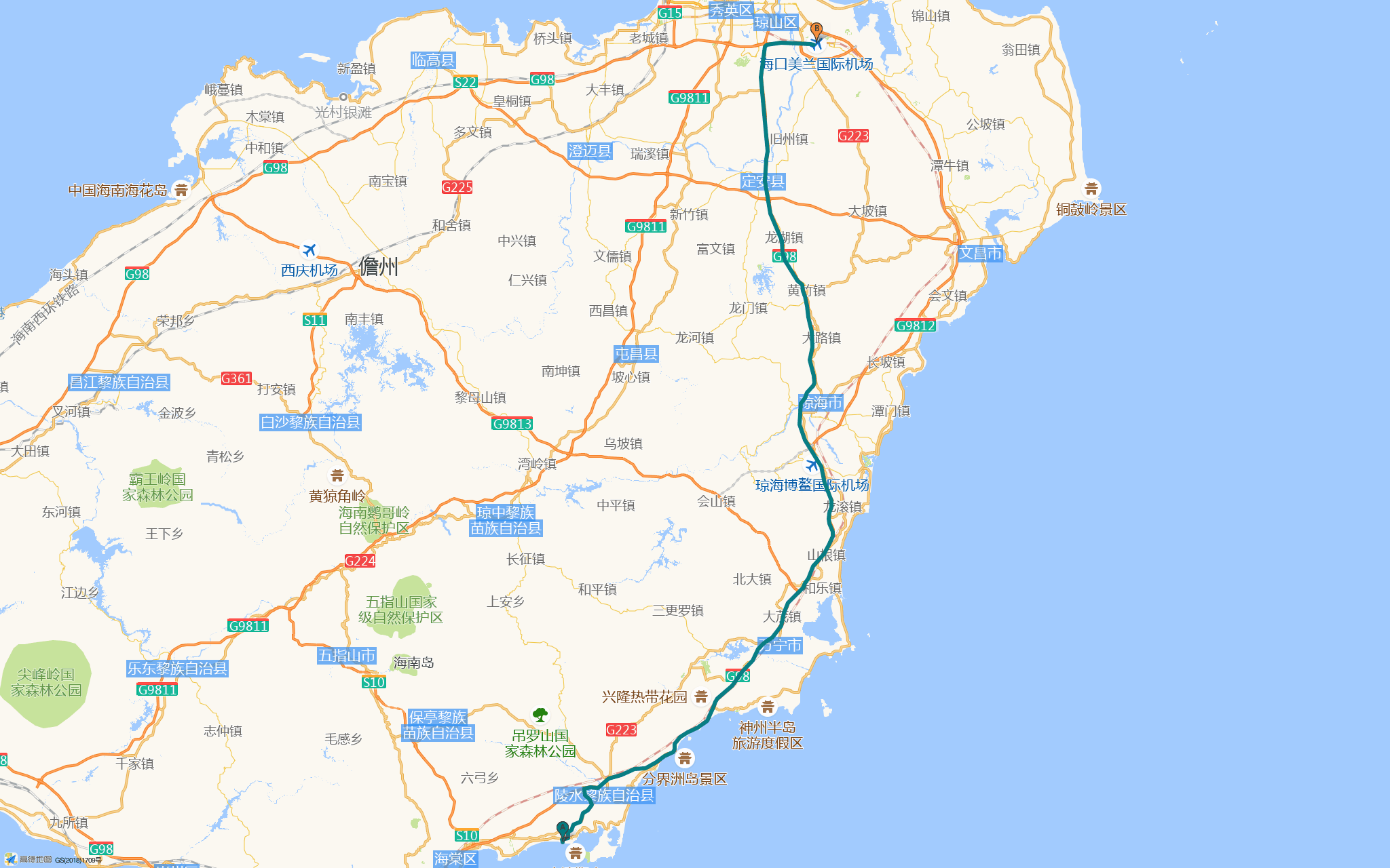 陵水 → 海口机场路线图
