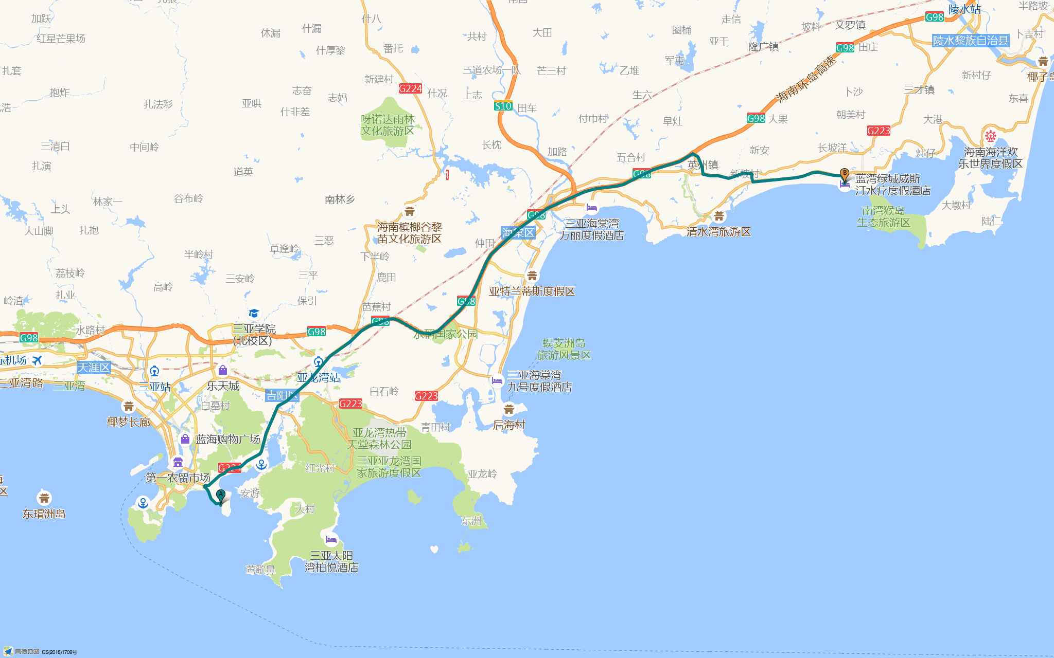 三亚 → 陵水路线图
